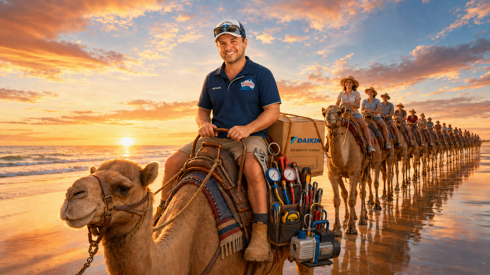 All Aussie Air-conditioning — Michael delivering a Daikin unit by camel train on Cable Beach